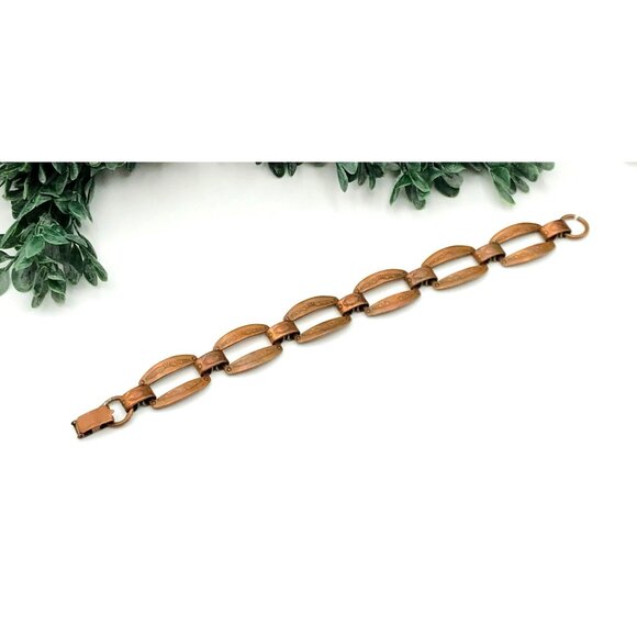 Vintage Copper Link Bracelet With Etched Design & Fold Over Clasp - Picture 1 of 6
